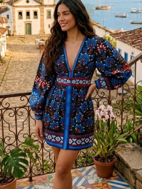 FARM Rio Dresses & Skirts - FARM Rio Black Latina Scarf Puff Sleeve Mini Dress